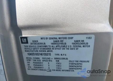 2004 GMC Envoy Xl Slt из США, поврежденный, VIN 1GKES16S746155215